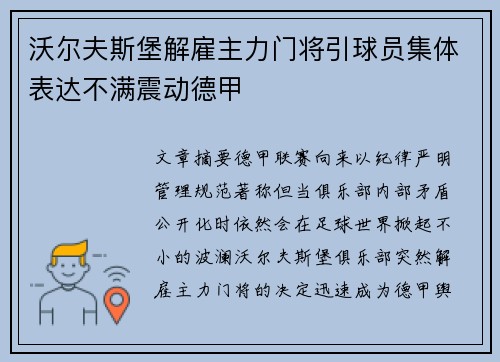 沃尔夫斯堡解雇主力门将引球员集体表达不满震动德甲